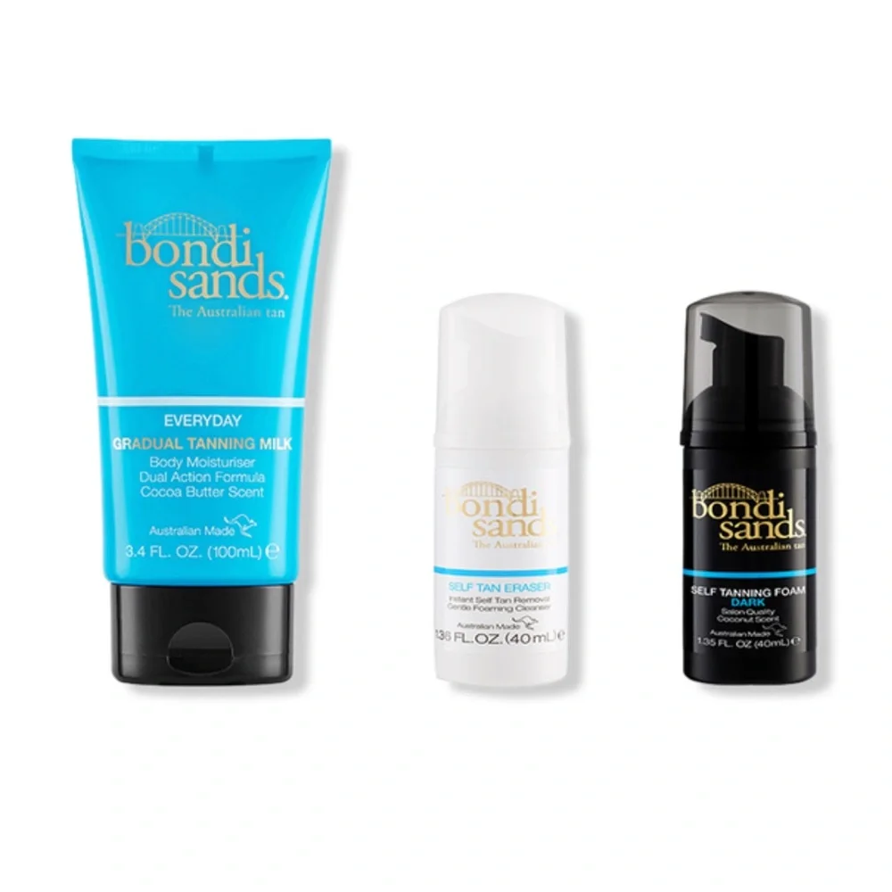 BONDI SANDS 4p Self Tan Travel Kit $55 NIP Moisturizer Foam Eraser Brush